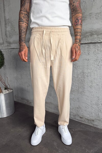 MADZEYMODA Ανδρικό παντελόνι με ελαστική μέση Boyfriend Fit Με πιέτες Beige Λ...