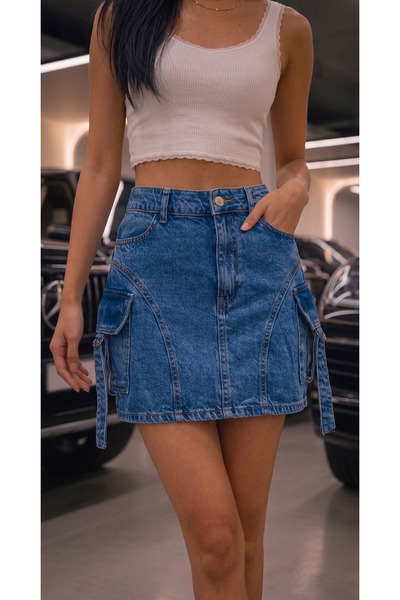 REDZARRAM Μίνι φούστα με μπλε τζιν ραφές και λεπτομέρειες τσέπης