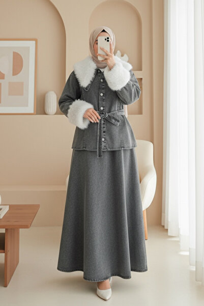 Modamorfo Βρεφικό κοστούμι τζιν με γιακά και μανίκια από γούνα, ζώνη στη μέση...