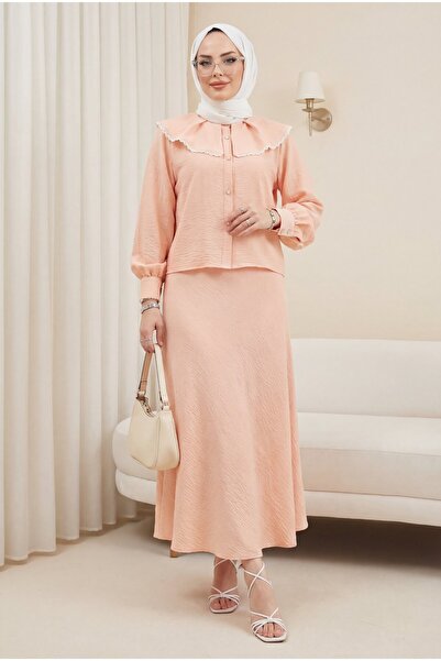 Modamorfo Δαντελωτό γιακά Μαρούλι Σετ Φούστα από καθαρό λινό -yavruağzı