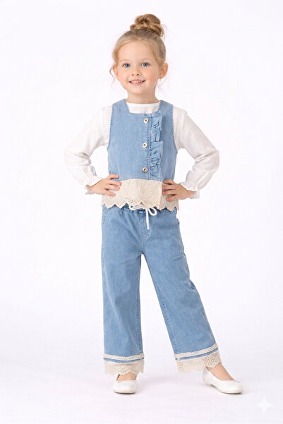İncilay Kids Κοριτσίστικο εορταστικό σετ τζιν Δαντέλα Λεπτομερές Γιλέκο Μπλού...
