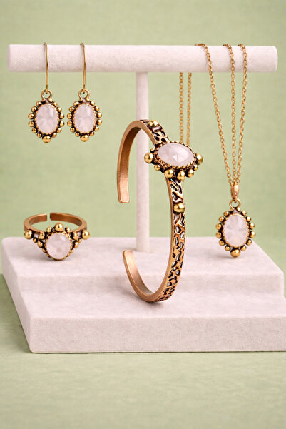 Crystal Quartz Gemstone Jewelry Set Necklace Bracelet Earrings Ring Antique Antique Copper Stylish Women's Set