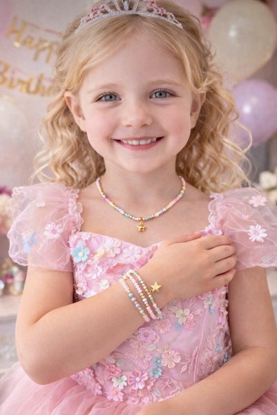 Moonbelle Girl's Colorful Crystal Bead Detailed Necklace & Bracelet Set – Star and Figure Design