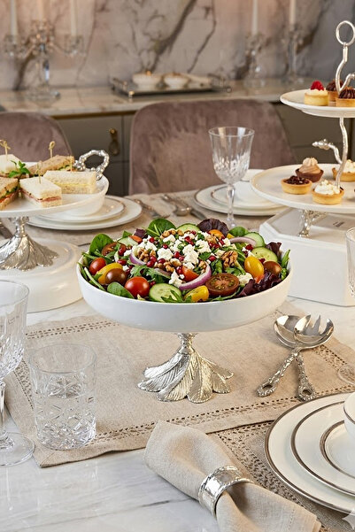 MAY HOME Silver Kand Porcelain Salad Presentation Bowl with Metal Legs