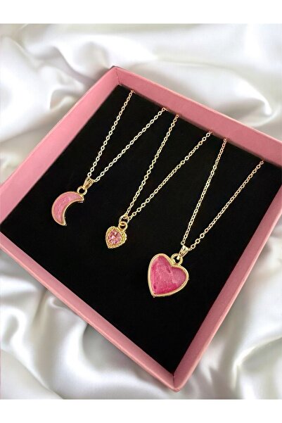 Madam Bikan Gold Renk Pembe Kalp Ay 3 Lü Set Kolye