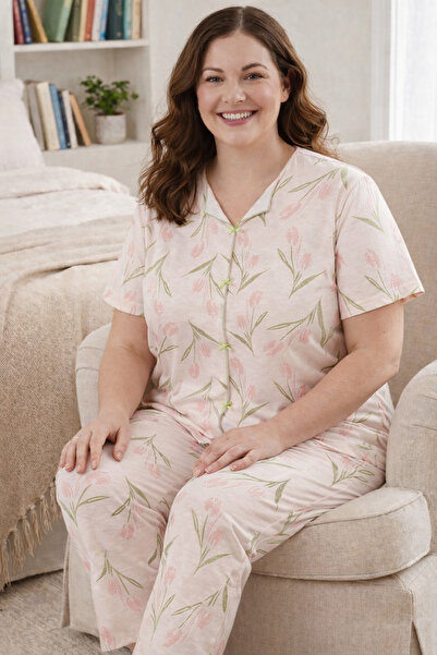 Silona Homewear طقم بيجامة بأكمام قصيرة مقاس كبير بنقشة الورد