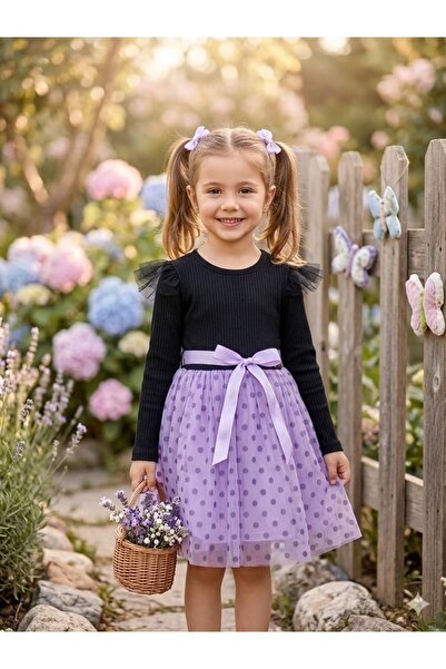 Lina Baby Bloom Siyah Üst Mor Puantiyeli Tütü Etekli Kız Çocuk Elbise Kurdele...