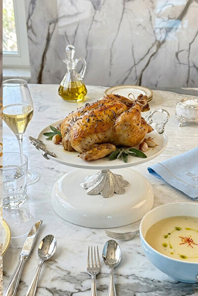 MAY HOME Silver Kand Metal Stand with Handle Porcelain Presentation Plate Ser...