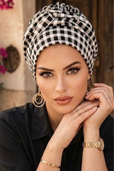 Aişe tesettür Μαύρο καρό μπόνε με λεπτομέρεια με στριφτό σχέδιο