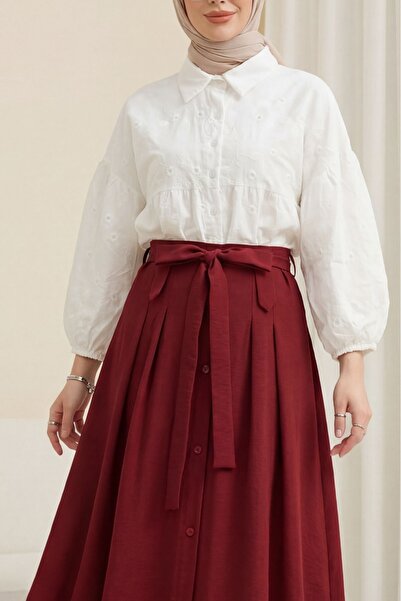 Modamorfo Scalloped Semi-Transparent Linen Look Shirt with Elastic Sleeves -W...