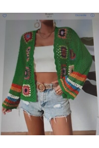 diğerr1 Bohemian Summer Colorful Patterned Hand-Knitted Spring/Summer Green C...
