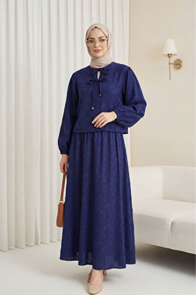 Modamorfo Σετ ζακάρ με ελαστικό μανίκι, δεμένο γιακά και φούστα - μπλε ναυτικό