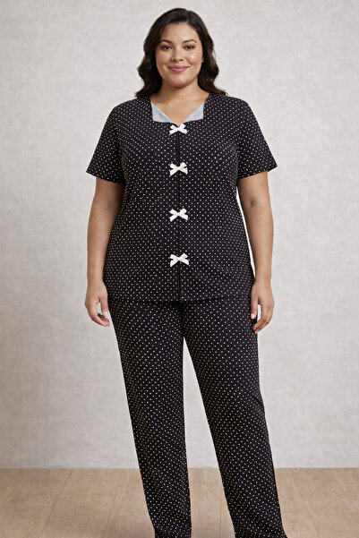 Silona Homewear Μαύρο Χρώμα Λευκό Πουά Σετ Πιτζάμες Μεγάλου Μεγέθους με Κοντά...