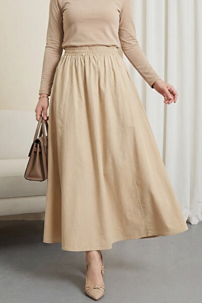 Modamorfo Ελαστική μέση, διπλή τσέπη, φούστα ποπλίνα με φαρδιά γραμμή - κίτρινη