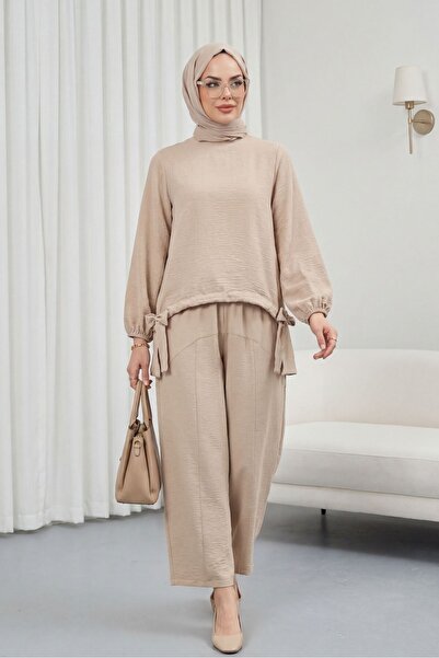 Modamorfo Drawstring Front Trousers Ayrobin Loose Fit Set -Beige