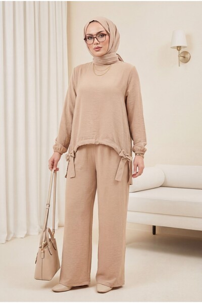 Modamorfo Παντελόνι με κορδόνι μπροστά Ayrobin Φαρδύ Σετ - μπεζ