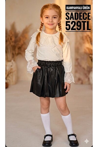 YARENKİDS Σετ Κοριτσίστικης Συνδυαστικής Ενδυμασίας με Δαντελένιο Πουκάμισο κ...