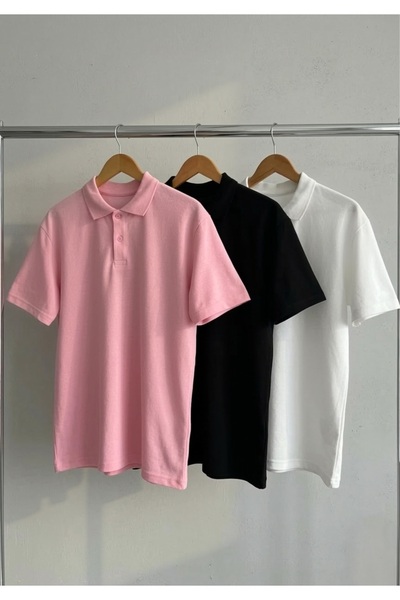 3’lü Paket Pembe Siyah Beyaz Spor Polo Yaka Düğmeli Pamuklu Casual Kısa Kollu Regular Fit T-shirt