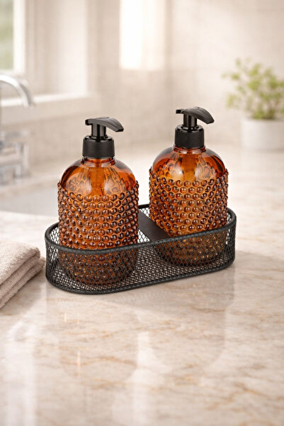 ANGDESİGN Δοχείο υγρού σαπουνιού Yıldız Cam, σετ 2 τεμαχίων - μεταλλικό μαύρο...