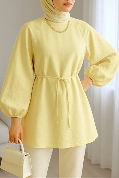 Modamorfo Τουνίκ με στρογγυλή λαιμόκοψη και κορδόνια στη μέση - Ανοιχτό κίτρινο