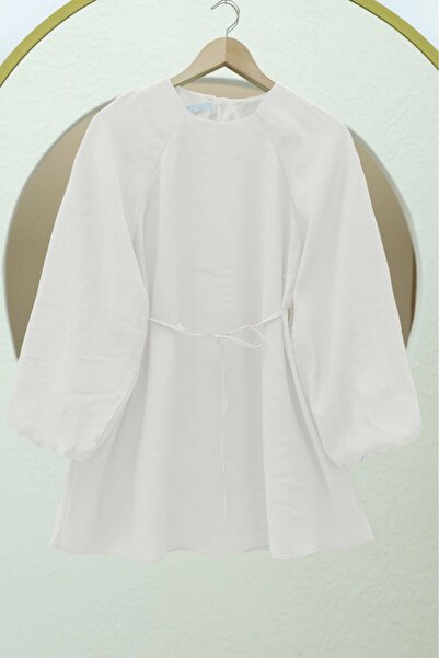 Modamorfo Τουνίκ με στρογγυλή λαιμόκοψη, δεμένη μέση και μανίκια μπαλόνι - λευκό