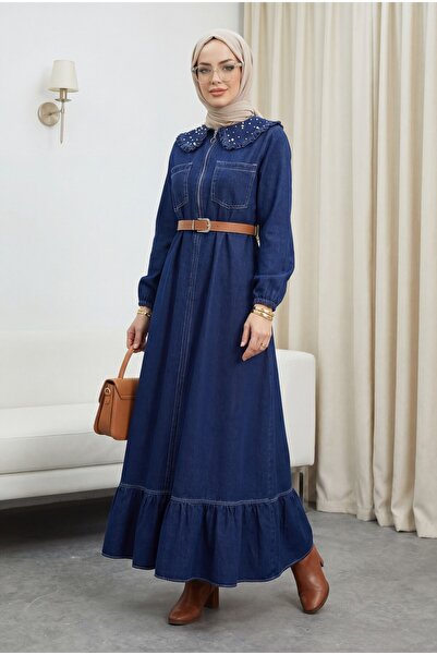 Modamorfo Baby Collar Half Zipper Pearl Detailed Belted Denim Dress -Laci