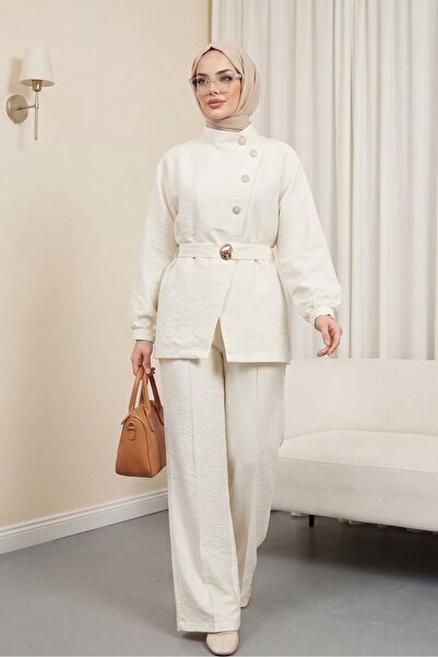Modamorfo Gold buttoned buckle belted ruffle detailed cupra set - ecru