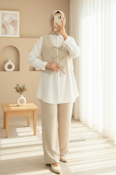 Modamorfo Σετ δύο τεμαχίων: Γιλέκο με δέσιμο μπροστά και παντελόνι - πέτρινο