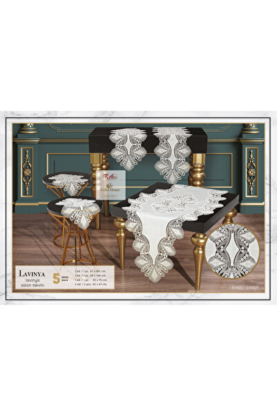 Ceki Home Σετ Σαλονιού 5 Τεμαχίων Μοντέλο Lavinya Λινό Γαλλικό Δαντελωτό Σετ ...