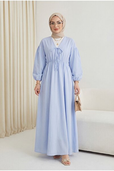 Modamorfo Φόρεμα μουσελίνας με δετό γιακά, μανίκια και ελαστική μέση - Μπλε μ...