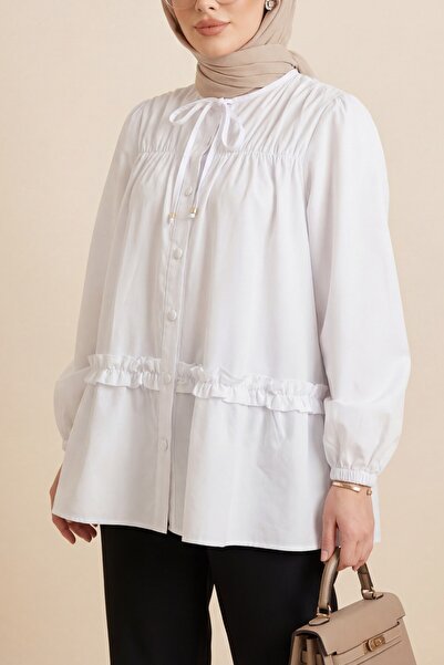 Modamorfo Robadan Ελαστική Φούστα με Βολάν και Κουμπιά Ποπλίνα Τουνίκ - λευκό