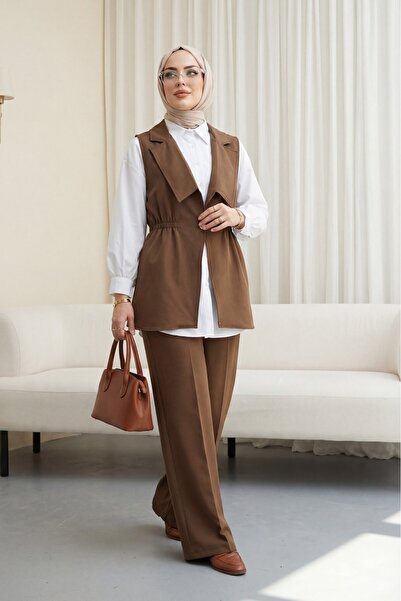 Modamorfo Double-breasted collar elastic waist vest pants modal set - coffee