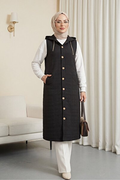 Modamorfo Καπιτονέ γιλέκο με κουκούλα και λεπτομέρεια αλυσίδας με κουμπιά μπρ...