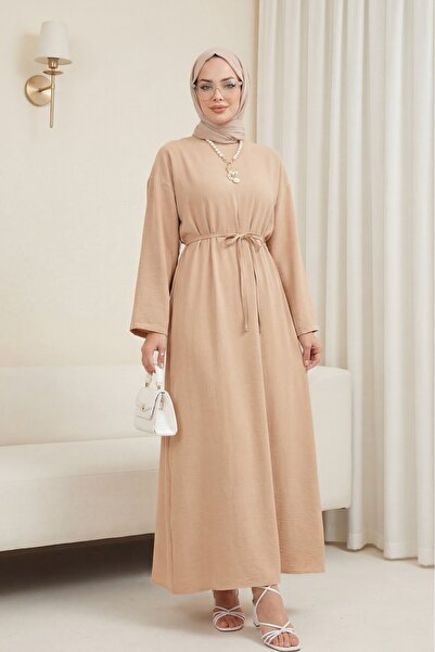 Modamorfo Λινό φόρεμα με δέσιμο στη μέση και φερμουάρ στην πλάτη - μπεζ