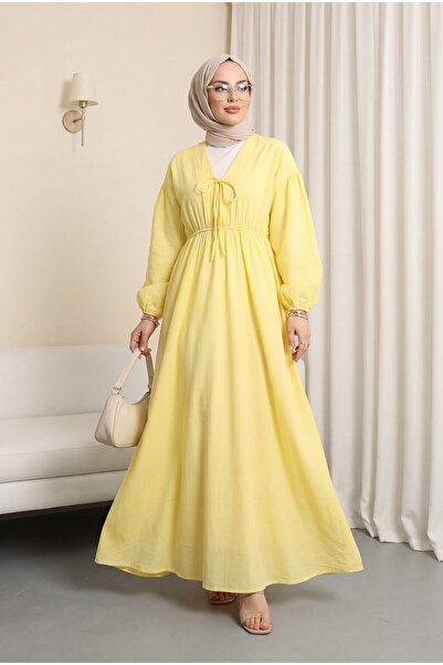 Modamorfo Φόρεμα μουσελίνας με δετό γιακά, μανίκια και ελαστική μέση - κίτρινο