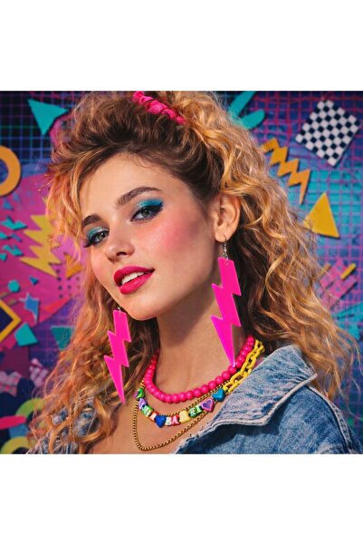 Genel Markalar 80 ler 90 lar Retro Neon Pembe Şimşek Küpe 10 cm