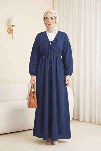 Modamorfo Φόρεμα μουσελίνας με δεμένο γιακά, μανίκια και ελαστική μέση - μπλε...