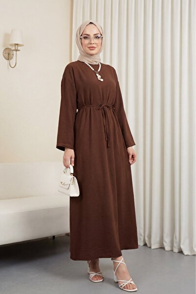 Modamorfo Tie-Waist Linen Look Dress with Back Zipper - Brown