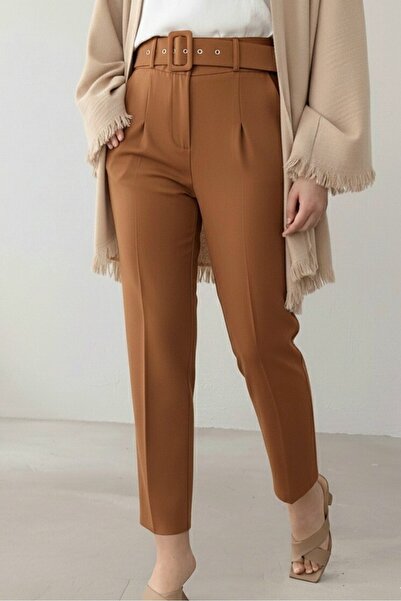 Modamorfo Ύφασμα Πανταλόνι με Χοντρή Ζώνη - κανέλα