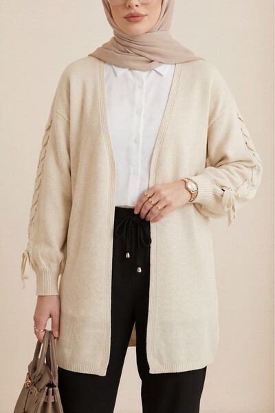 Modamorfo Kolu Hair Braided Casual Knitwear Cardigan -Cream