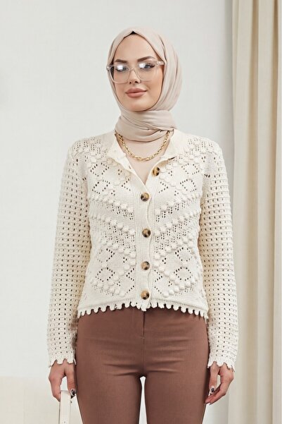 Modamorfo Ζακέτα εκρού διάτρητη - με πομπόν και κουμπιά