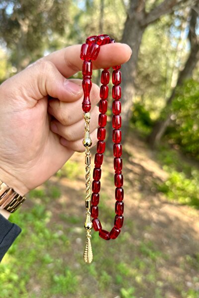 Kervan Tesbih Kırmızı Ateş Kehribar Altın Kaplama Püsküllü
