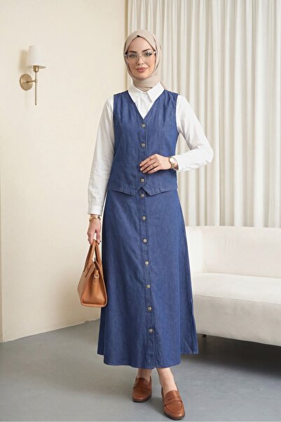 Modamorfo Σετ τζιν με φούστα γιλέκο με κουμπιά -indigo