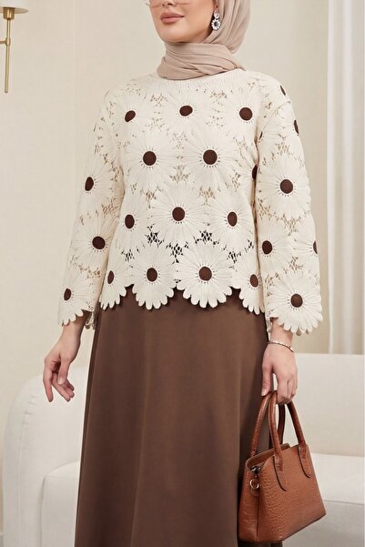 Modamorfo Μπλούζα πλεκτή Kayık Yaka Papatya Με σχέδιο - καφέ