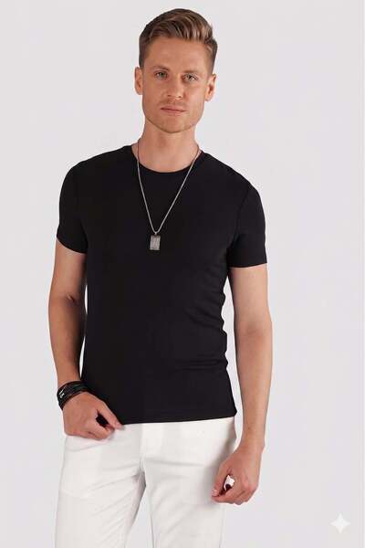 Efor Slim Fit Bisiklet Yaka Esnek Pamuklu Düz Siyah Tişört TS 823