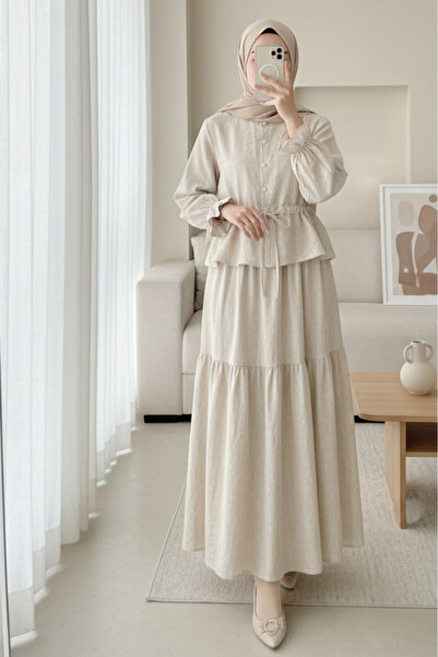 Modamorfo Λινό σετ με κουμπιά μπροστά, ελαστικό μανίκι και κορδόνια - μπεζ