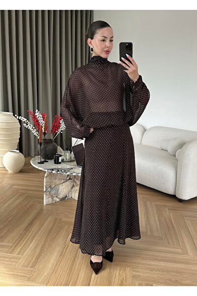 My Blog Καφέ Πουά Σιφόν Μπλούζα και Φούστα Σετ - 4097-3215