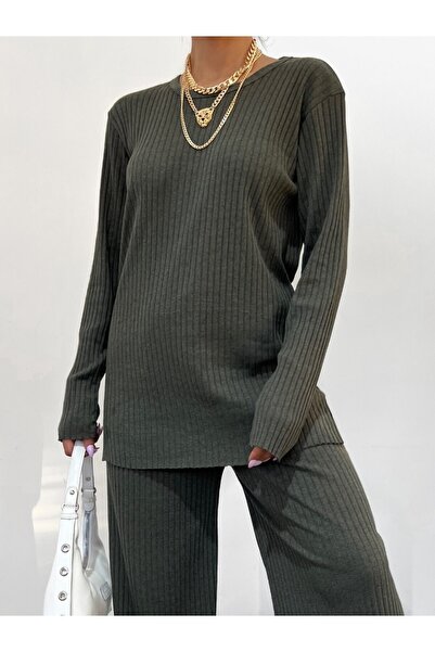 Modamorfo Khaki Color Crew Neck Camisole Suit Set