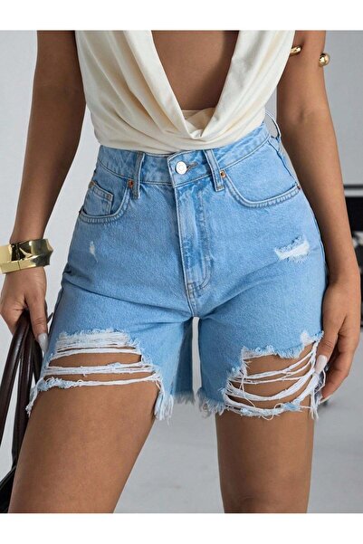 HerTon Ψηλόμεσο σκισμένο τζιν σορτς