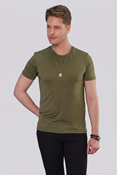 Efor Slim Fit Doku Desenli Bisiklet Yaka Pamuklu Haki Tişört TS 846